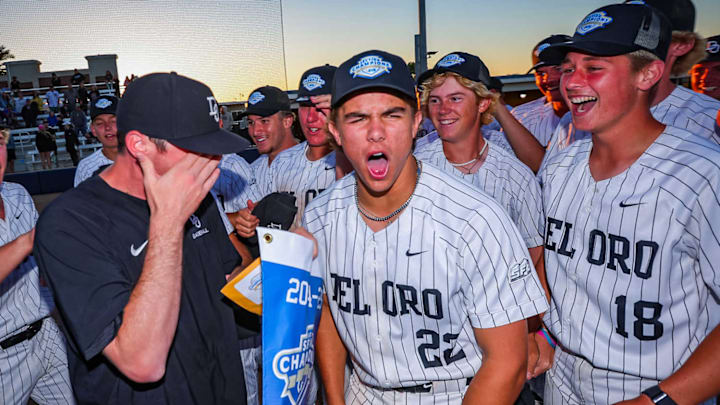 Del Oro's Jack Tews (22) and teammates celebrate their 7-5 win over Lodi to win the Sac-Joaquin Section Division 2 title on May 22, 2025.