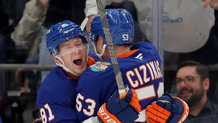 Oct 3, 2026; Elmont, New York, USA; New York Islanders left wing Ondrej Palat (81) celebrates his goal against the New Jersey Devils with center Casey Cizikas (53) during the third period at UBS Arena. Mandatory Credit: Brad Penner-Imagn Images