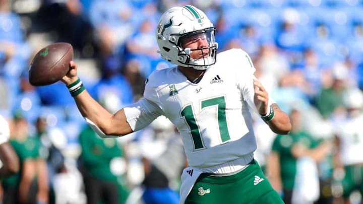 Nov 4, 2023; Memphis, Tennessee, USA;  South Florida s Byrum Brown (17) throws the ball against the Memphis Tigers at Simmons Bank Liberty Stadium. Mandatory Credit: Stu Boyd II-Imagn Images