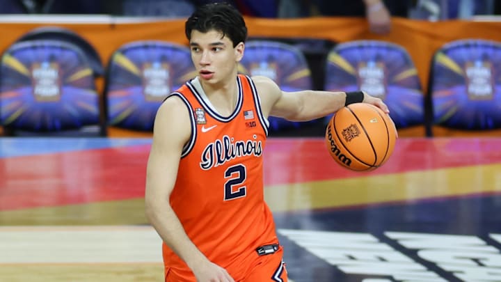 Apr 4, 2026; Indianapolis, IN, USA; Illinois Fighting Illini guard Andrej Stojakovic (2) warms up before a semifinal of the Final Four of the men's 2026 NCAA Tournament against the UConn Huskies at Lucas Oil Stadium. Mandatory Credit: Trevor Ruszkowski-Imagn Images