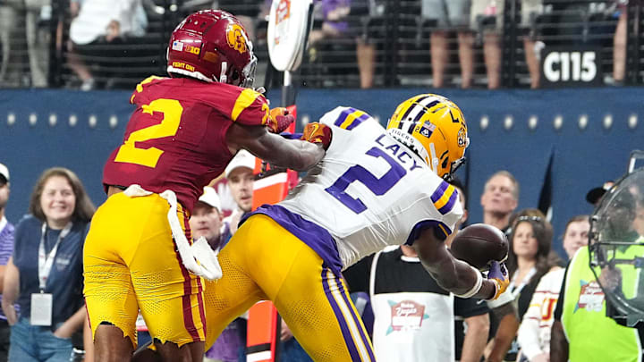Sep 1, 2024; Paradise, Nevada, USA; Southern California Trojans cornerback Jaylin Smith (2) breaks up a pass to LSU Tigers wide receiver Kyren Lacy (2) during the fourth quarter at Allegiant Stadium.