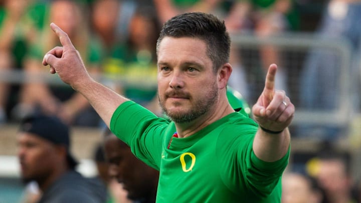 Oregon coach Dan Lanning oversees warmups before the game against Boise State at Autzen in Eugene Sept. 7, 2024