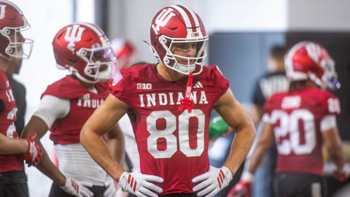 Indiana's Charlie Becker (80) during Indiana University spring football practice on Thursday, March 26, 2026.