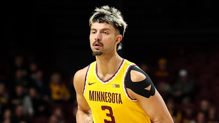 Jan 2, 2025; Minneapolis, Minnesota, USA; Minnesota Golden Gophers forward Dawson Garcia (3) dribbles the ball against the Purdue Boilermakers during the first half at Williams Arena. Mandatory Credit: Matt Krohn-Imagn Images Jan 2, 2025; Minneapolis, Minnesota, USA; Minnesota Golden Gophers forward Dawson Garcia (3) dribbles the ball against the Purdue Boilermakers during the first half at Williams Arena. Mandatory Credit: Matt Krohn-Imagn Images