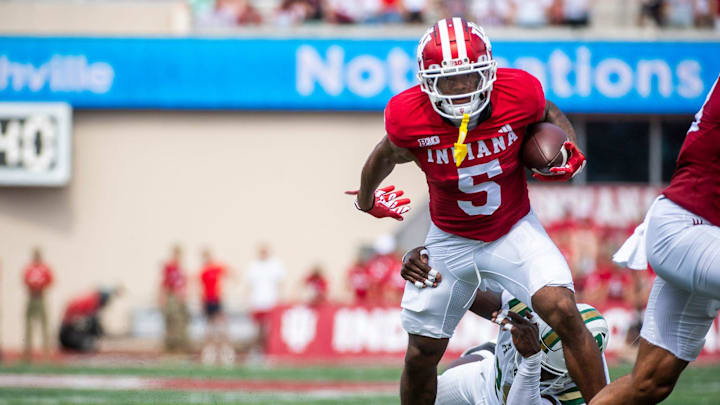 Indiana's Ke'Shawn Williams (5) runs during the Indiana versus Charlotte football game at Memorial Stadium on Saturday, Sept. 21, 2024.