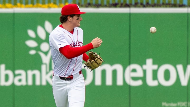 Worcester left fielder Roman Anthony tosses the ball after catching a fly ball against the Durham Bulls May 23.