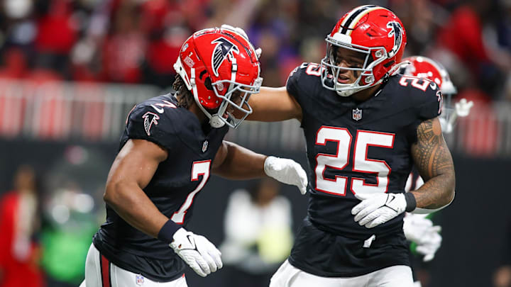 Atlanta Falcons running backs Bijan Robinson (7) and Tyler Allgeier (25) create a strong one-two punch out of the backfield.