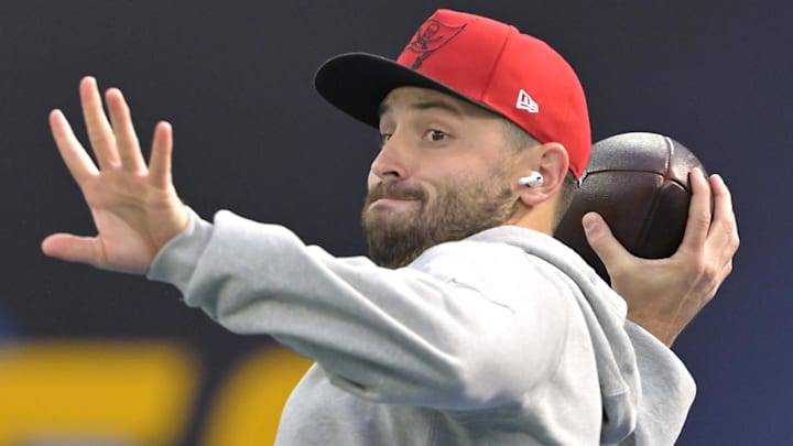 Dec 15, 2024; Inglewood, California, USA;  Tampa Bay Buccaneers quarterback Baker Mayfield (6) warms up prior to the game against the Los Angeles Chargers at SoFi Stadium. Mandatory Credit: Jayne Kamin-Oncea-Imagn Images