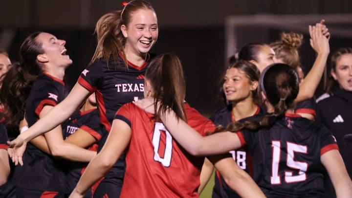 Texas Tech's Millie Elwood celebrates the Red Raiders' 2-1 win over LSU in the first round of the NCAA women's soccer tournament, Friday, Nov. 15, 2024, at John Walker Soccer Complex.