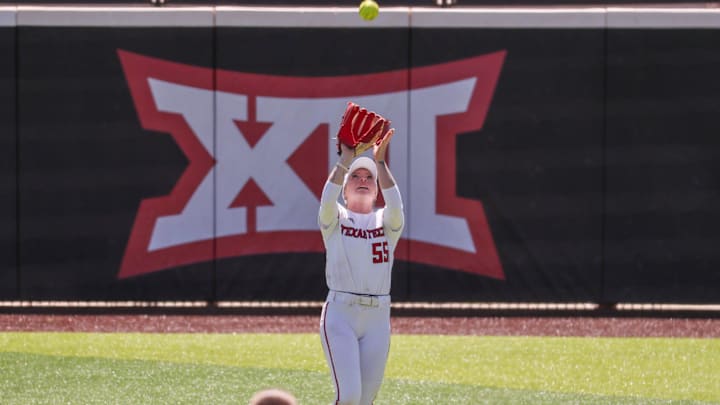 Texas Tech's Kaitlyn Terry catches a fly ball against BYU during a Big 12 Conference softball game, Saturday, April 4, 2026, at Tracy Sellers Field.