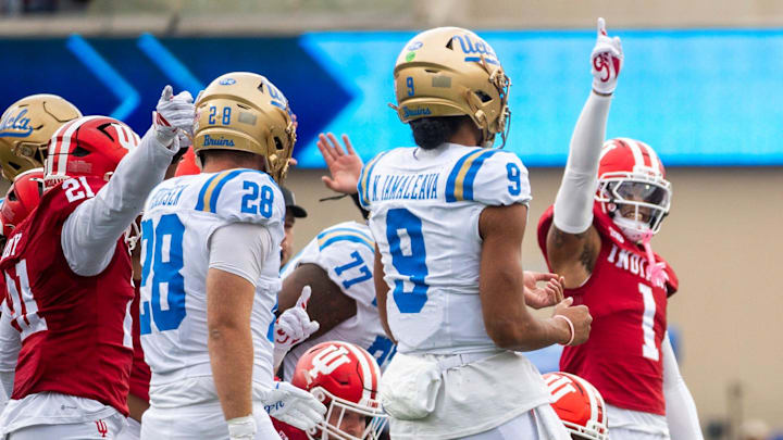 Indiana's Isaiah Jones (46) celebrates Hosea Wheeler's (0) fumble recovery during the Indiana versus UCLA football game at Memorial Stadium on Saturday, Oct. 25, 2025.