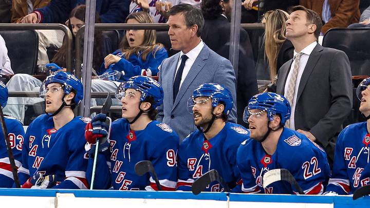 Apr 4, 2026; New York, New York, USA; New York Rangers head coach Mike Sullivan stands on the bench during the second period against the Detroit Red Wings at Madison Square Garden. Mandatory Credit: Danny Wild-Imagn Images Apr 4, 2026; New York, New York, USA; New York Rangers head coach Mike Sullivan stands on the bench during the second period against the Detroit Red Wings at Madison Square Garden. Mandatory Credit: Danny Wild-Imagn Images