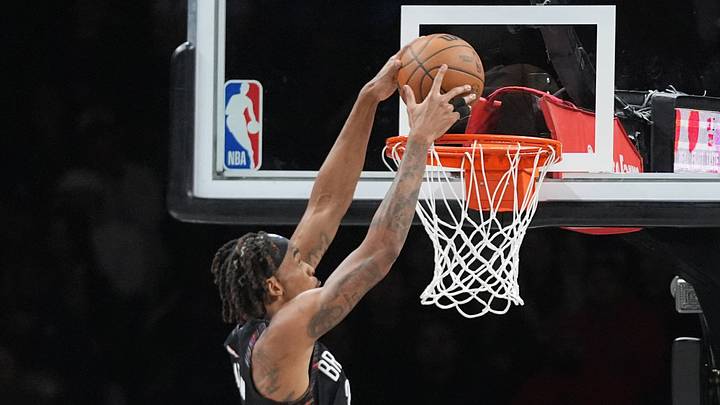 Apr 3, 2026; Brooklyn, New York, USA; Brooklyn Nets center Nic Claxton (33) dunks the ball against the Atlanta Hawks during the second half at Barclays Center. Mandatory Credit: Gregory Fisher-Imagn Images Apr 3, 2026; Brooklyn, New York, USA; Brooklyn Nets center Nic Claxton (33) dunks the ball against the Atlanta Hawks during the second half at Barclays Center. Mandatory Credit: Gregory Fisher-Imagn Images