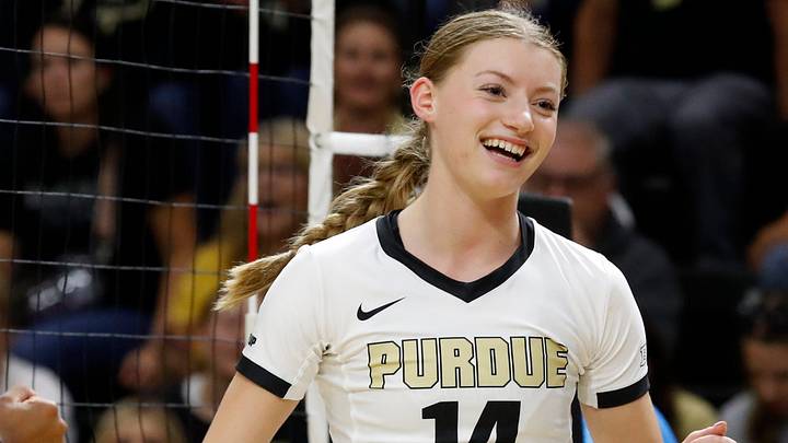 Purdue Boilermakers Grace Heaney (14) celebrates after scoring a point.