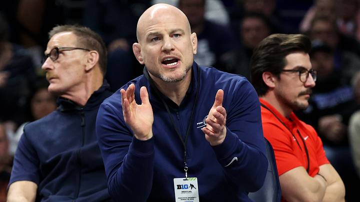 Penn State Nittany Lions wrestling head coach Cael Sanderson reacts during the 2026 Big Ten Wrestling Championships at Bryce Jordan Center. Penn State Nittany Lions wrestling head coach Cael Sanderson reacts during the 2026 Big Ten Wrestling Championships at Bryce Jordan Center.