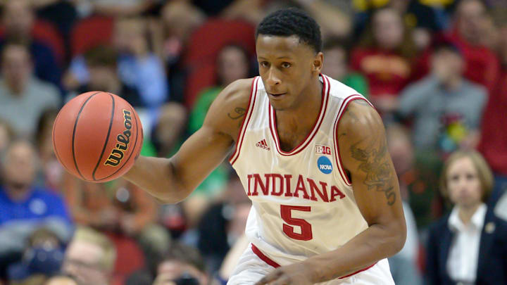 Indiana Hoosiers forward Troy Williams (5) leads a break against the Chattanooga Mocs in the first round of the 2016 NCAA Tournament at Wells Fargo Arena.