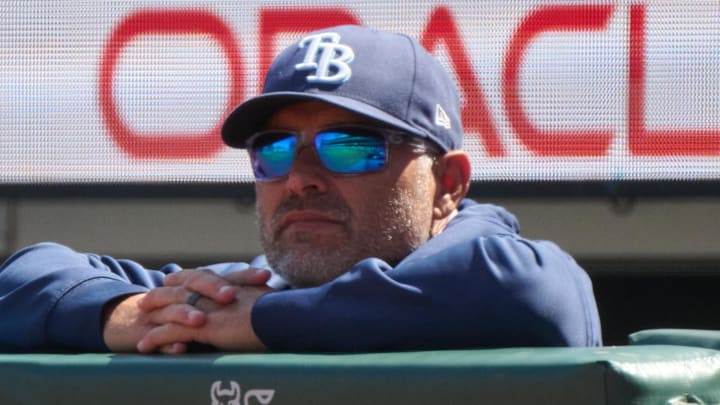 Aug 17, 2025; San Francisco, California, USA; Tampa Bay Rays manager Kevin Cash (16) looks on against the San Francisco Giants during the seventh inning at Oracle Park. Aug 17, 2025; San Francisco, California, USA; Tampa Bay Rays manager Kevin Cash (16) looks on against the San Francisco Giants during the seventh inning at Oracle Park.