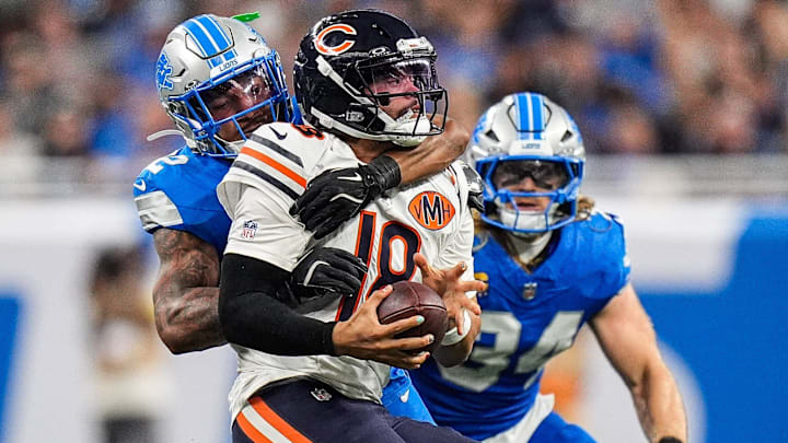 Brian Branch wraps up Caleb Williams for one of four sacks the Bears gave up on Sunday.