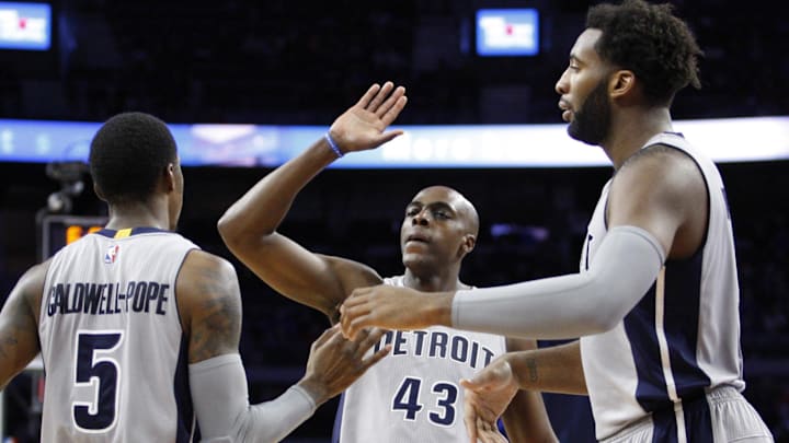 Dec 31, 2015; Auburn Hills, MI, USA; Detroit Pistons forward Anthony Tolliver (43) guard Kentavious