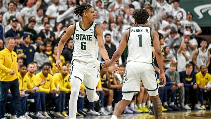 Michigan State's Jordan Scott, left, celebrates his 3-pointer with Jeremy Fears Jr. during the first half in the game against Michigan on Friday, Jan. 30, 2026, at the Breslin Center in East Lansing.
