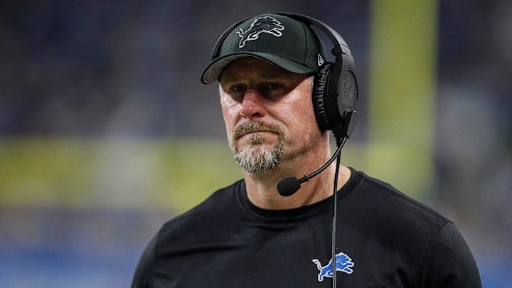 Detroit Lions head coach Dan Campbell walks down the sideline during the first half of the NFC wild-card game against Los Angeles Rams at Ford Field in Detroit on Sunday, Jan. 14, 2024.