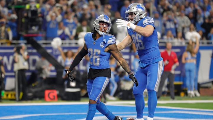 Detroit Lions running back Jahmyr Gibbs celebrates.