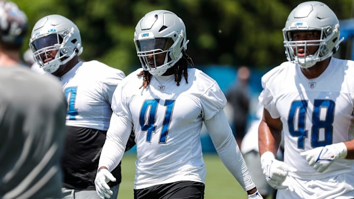 Detroit Lions linebacker James Houston practices during OTAs at Detroit Lions headquarters in Allen Park 