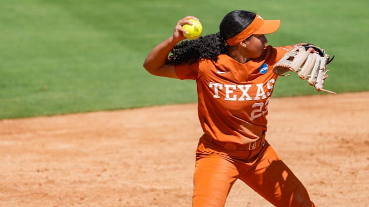 Texas infielder Viviana Martinez (23) passes to first base during the NCAA Austin Regional against Siena at McCombs Field Friday, May 17, 2024. Texas infielder Viviana Martinez (23) passes to first base during the NCAA Austin Regional against Siena at McCombs Field Friday, May 17, 2024.