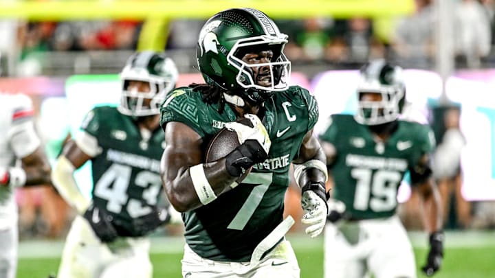 Michigan State's Jordan Turner returns an interception against Ohio State during the second quarter on Saturday, Sept. 28, 2024, at Spartan Stadium in East Lansing.