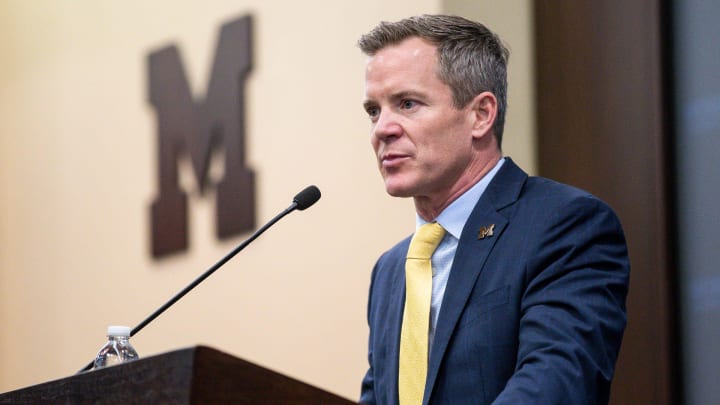 U-M's new men's basketball head coach Dusty May speaks during introductory press conference at Junge Family Champions Center in Ann Arbor on Tuesday, March 26, 2024.