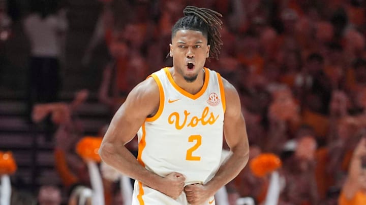 Tennessee's Chaz Lanier (2) celebrates a three-point shot during a men’s college basketball game between Tennessee and Alabama at Thompson-Boling Arena at Food City Center, Saturday, March 1, 2025.