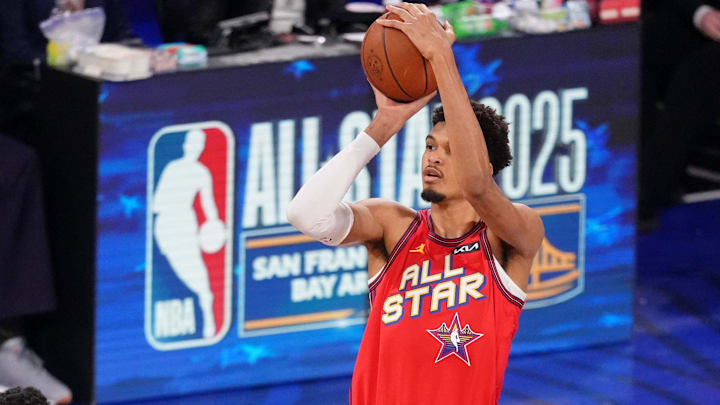 Feb 16, 2025; San Francisco, CA, USA; Chuckís Global Stars forward Victor Wembanyama (1) of the San Antonio Spurs shoots the ball against Shaqís OGsduring the 2025 NBA All Star Game at Chase Center. Mandatory Credit: Cary Edmondson-Imagn Images