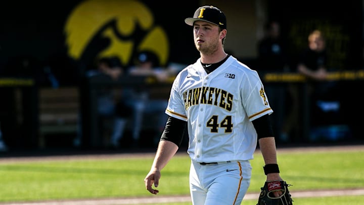 Iowa pitcher Duncan Davitt (44) reacts after a strikeout during a NCAA Big Ten Conference baseball game against Northwestern, Monday, April 26, 2021, at Duane Banks Field in Iowa City, Iowa.

210426 Nw Iowa Bsb 003 Jpg