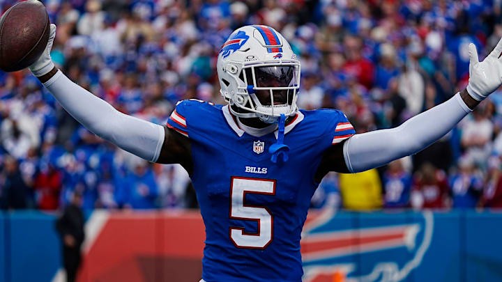 Bills Kaiir Elam celebrates his fumble recovery against Miami during second half action at Highmark Stadium on Nov. 3, 2024.