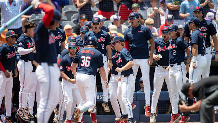 Ole Miss Rebels' Will Furniss (36) celebrates his home run as Ole Miss Rebels take on LSU Tigers during the SEC baseball tournament at Hoover Met in Birmingham, Ala., on Saturday, May 24, 2025.
