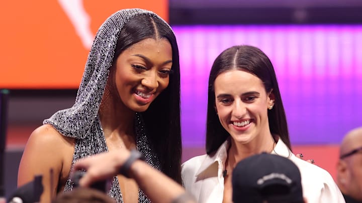 Apr 15, 2024; Brooklyn, NY, USA; Angel Reese and Caitlin Clark pose for photos before the 2024 WNBA Draft at Brooklyn Academy of Music. Mandatory Credit: Brad Penner-Imagn Images
