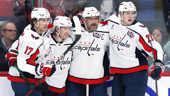 Mar 25, 2025; Winnipeg, Manitoba, CAN; Washington Capitals left wing Alex Ovechkin (8) celebrates his goal against the Winnipeg Jets with Washington Capitals center Dylan Strome (17), Washington Capitals defenseman Rasmus Sandin (38) and Washington Capitals center Aliaksei Protas (21) in the third period at Canada Life Centre. Mandatory Credit: James Carey Lauder-Imagn Images