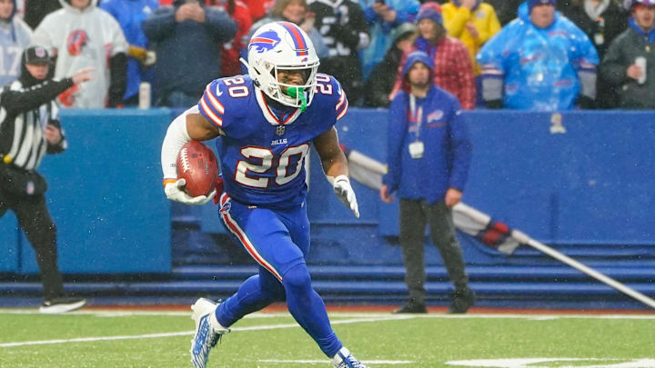 Dec 11, 2022; Orchard Park, New York, USA; Buffalo Bills running back Nyheim Hines (20) against the New York Jets during the first half at Highmark Stadium. Mandatory Credit: Gregory Fisher-Imagn Images