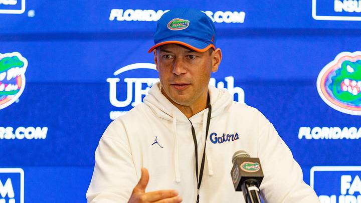 Florida head coach Jon Sumrall speaks after spring practice at Sanders Practice Fields in Gainesville, FL on Tuesday, April 7, 2026. [Alan Youngblood/Gainesville Sun]