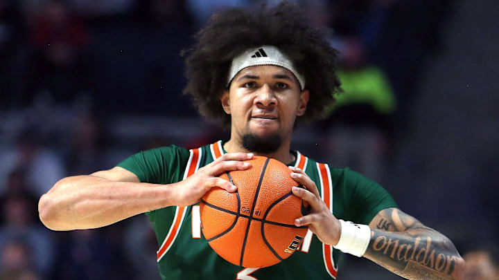 Dec 2, 2025; Oxford, Mississippi, USA; Miami Hurricanes guard Tre Donaldson (3) reacts during the first half against the Mississippi Rebels at The Sandy and John Black Pavilion at Ole Miss. Mandatory Credit: Petre Thomas-Imagn Images