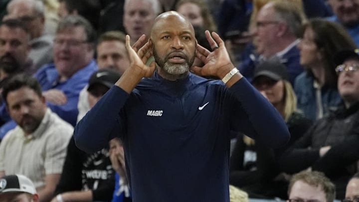 Orlando Magic head coach Jamahl Mosley directs his team against the Minnesota Timberwolves in the fourth quarter at Target Center.