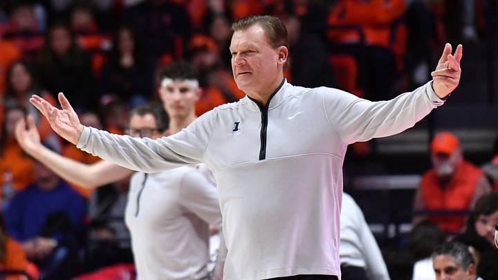 Feb 15, 2026; Champaign, Illinois, USA; Illinois Fighting Illini head coach Brad Underwood reacts during the second half against the Indiana Hoosiers at State Farm Center. Mandatory Credit: Ron Johnson-Imagn Images Feb 15, 2026; Champaign, Illinois, USA; Illinois Fighting Illini head coach Brad Underwood reacts during the second half against the Indiana Hoosiers at State Farm Center. Mandatory Credit: Ron Johnson-Imagn Images