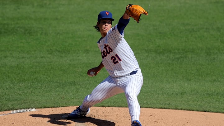 Sep 18, 2025; New York City, New York, USA; New York Mets starting pitcher Jonah Tong (21) pitches against the San Diego Padres during the second inning at Citi Field. Mandatory Credit: Brad Penner-Imagn Images