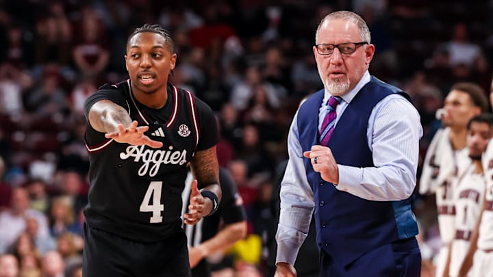 Feb 1, 2025; Columbia, South Carolina, USA; Texas A&M Aggies head coach Buzz Williams directs guard Wade Taylor IV (4) in the second half at Colonial Life Arena. Mandatory Credit: Jeff Blake-Imagn Images