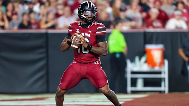 South Carolina Gamecocks quarterback LaNorris Sellers looks to pass against the South Carolina State Bulldogs.