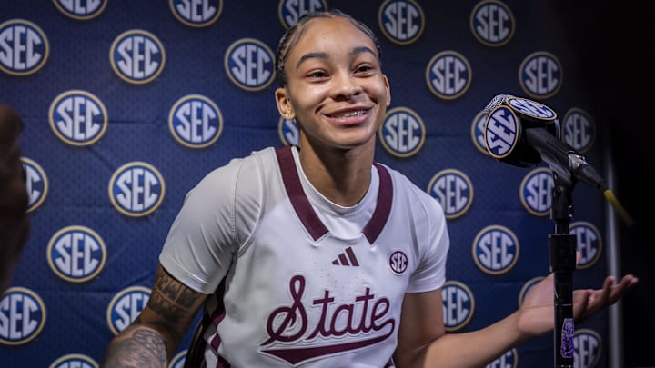 Oct 16, 2024; Birmingham, AL, USA; Mississippi State Bulldogs guard Jerkaila Jordan talks with the media during SEC Media Days at Grand Bohemian Hotel. Mandatory Credit: Vasha Hunt-Imagn Images