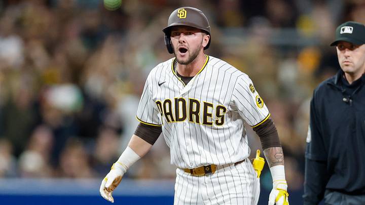Apr 11, 2026; San Diego, California, USA; San Diego Padres center fielder Jackson Merrill (3) celebrates after hitting a two-run double during the sixth inning against the Colorado Rockies at Petco Park. Mandatory Credit: David Frerker-Imagn Images Apr 11, 2026; San Diego, California, USA; San Diego Padres center fielder Jackson Merrill (3) celebrates after hitting a two-run double during the sixth inning against the Colorado Rockies at Petco Park. Mandatory Credit: David Frerker-Imagn Images
