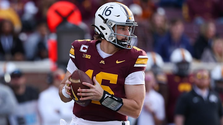 Minnesota quarterback Max Brosmer takes snap during the first half against Maryland at Huntington Bank Stadium in Minneapolis on Oct. 26, 2024. Minnesota quarterback Max Brosmer takes snap during the first half against Maryland at Huntington Bank Stadium in Minneapolis on Oct. 26, 2024.