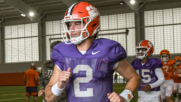 Clemson quarterback Cade Klubnik (2) enters the field outside of the Poe Indoor Facility during Spring Practice in Clemson, S.C. Monday, March 24, 2025