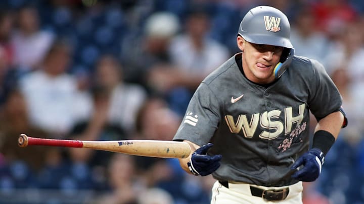 Washington Nationals outfielder Jacob Young (30) walks to first base during the second inning against the Miami Marlins, at Nationals Park. 